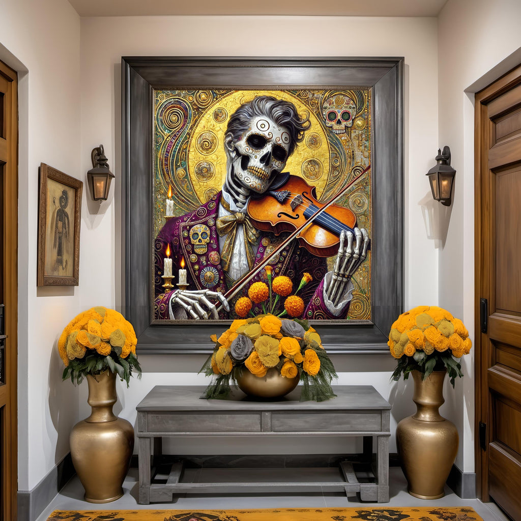 Día de los Muertos Violinist: Golden Skeleton Musician Art (Digital Download)