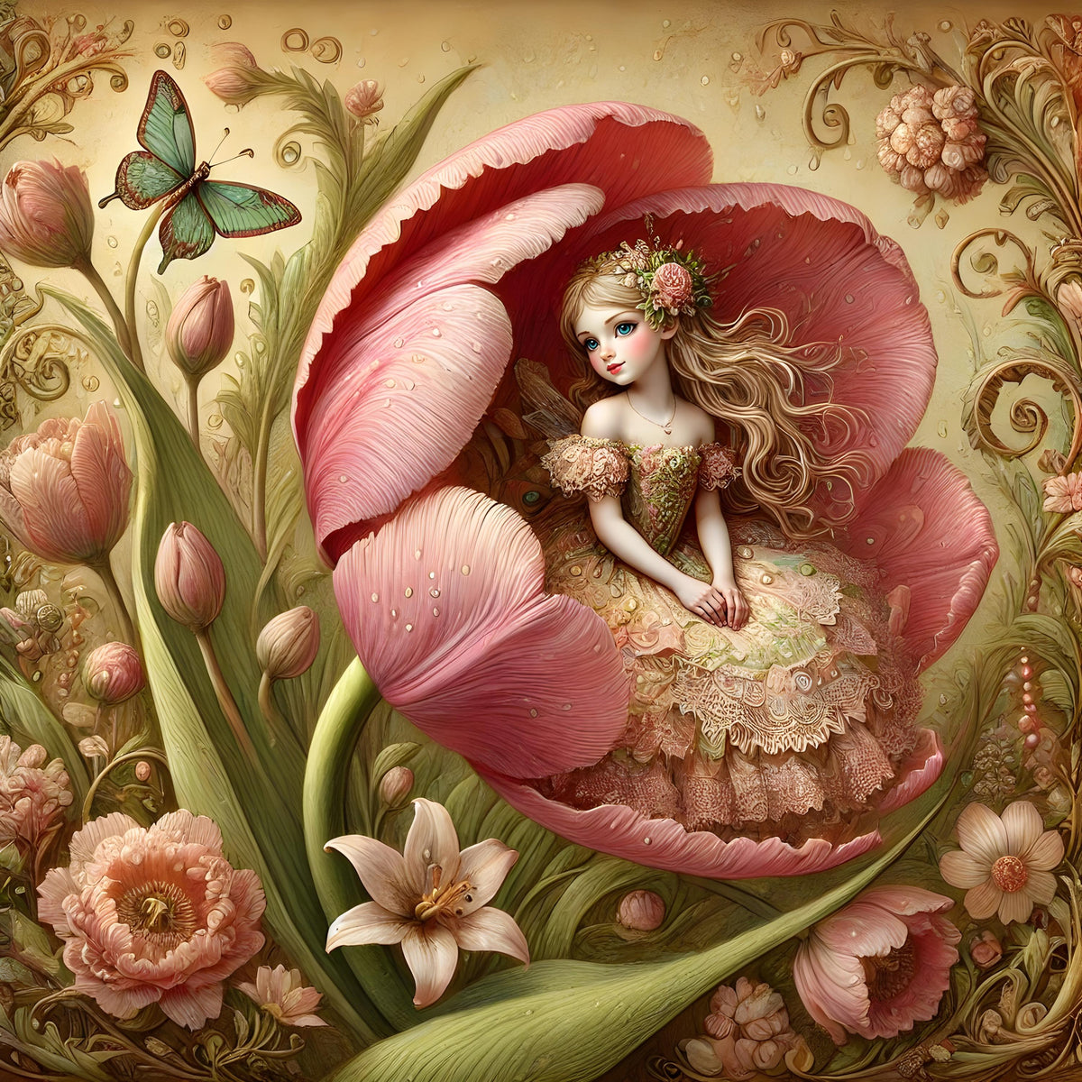 Thumbelina Tulip Art Print: Vintage Flower Girl, Fairytale Decor (Digital Download)