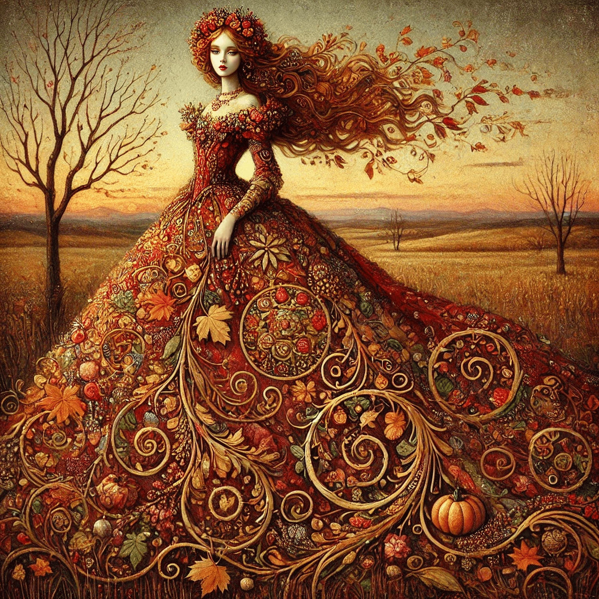 Autumn Empress Painting: Vintage Harvest Goddess Fantasy Art (Digital Download)