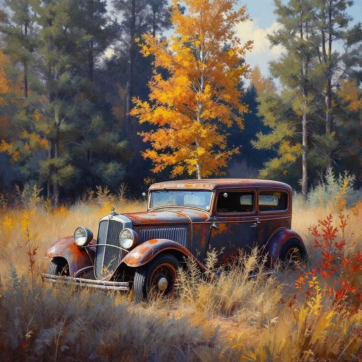 Vintage Car in Fall Art Print: Rustic Americana Decor (Digital Download)
