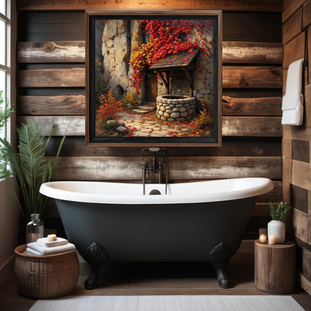 Autumn Cottage Art Print: Wishing Well, Stone House (Digital Download 40x40)