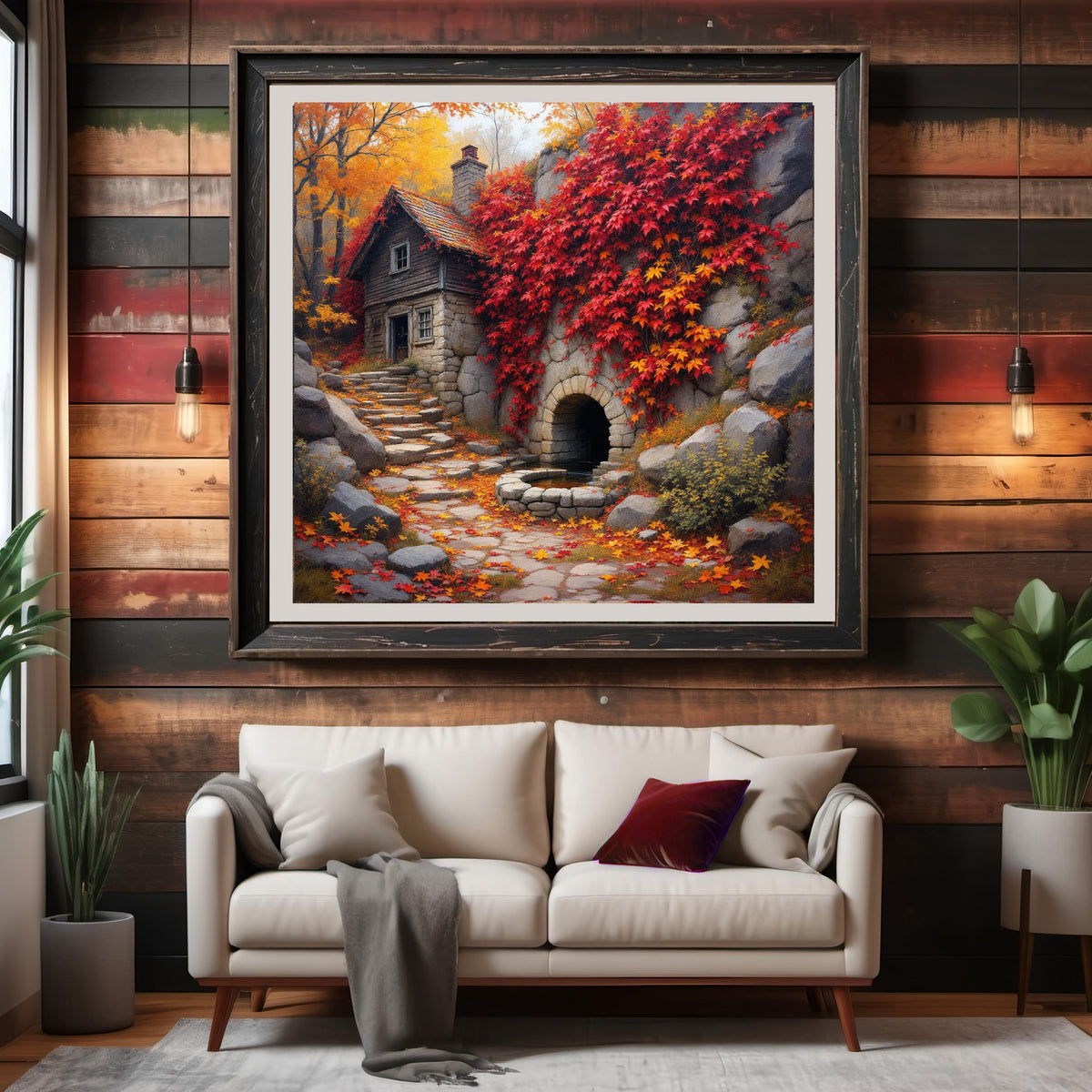 Autumn Cottage Art Print: Rustic Stone Spring, Fall Ivy (Digital Download)