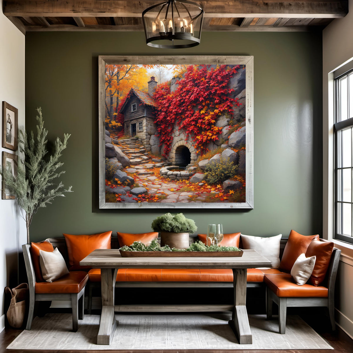 Autumn Cottage Art Print: Rustic Stone Spring, Fall Ivy (Digital Download)