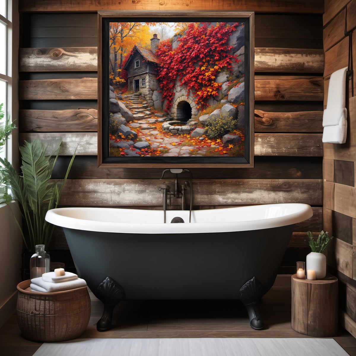 Autumn Cottage Art Print: Rustic Stone Spring, Fall Ivy (Digital Download)