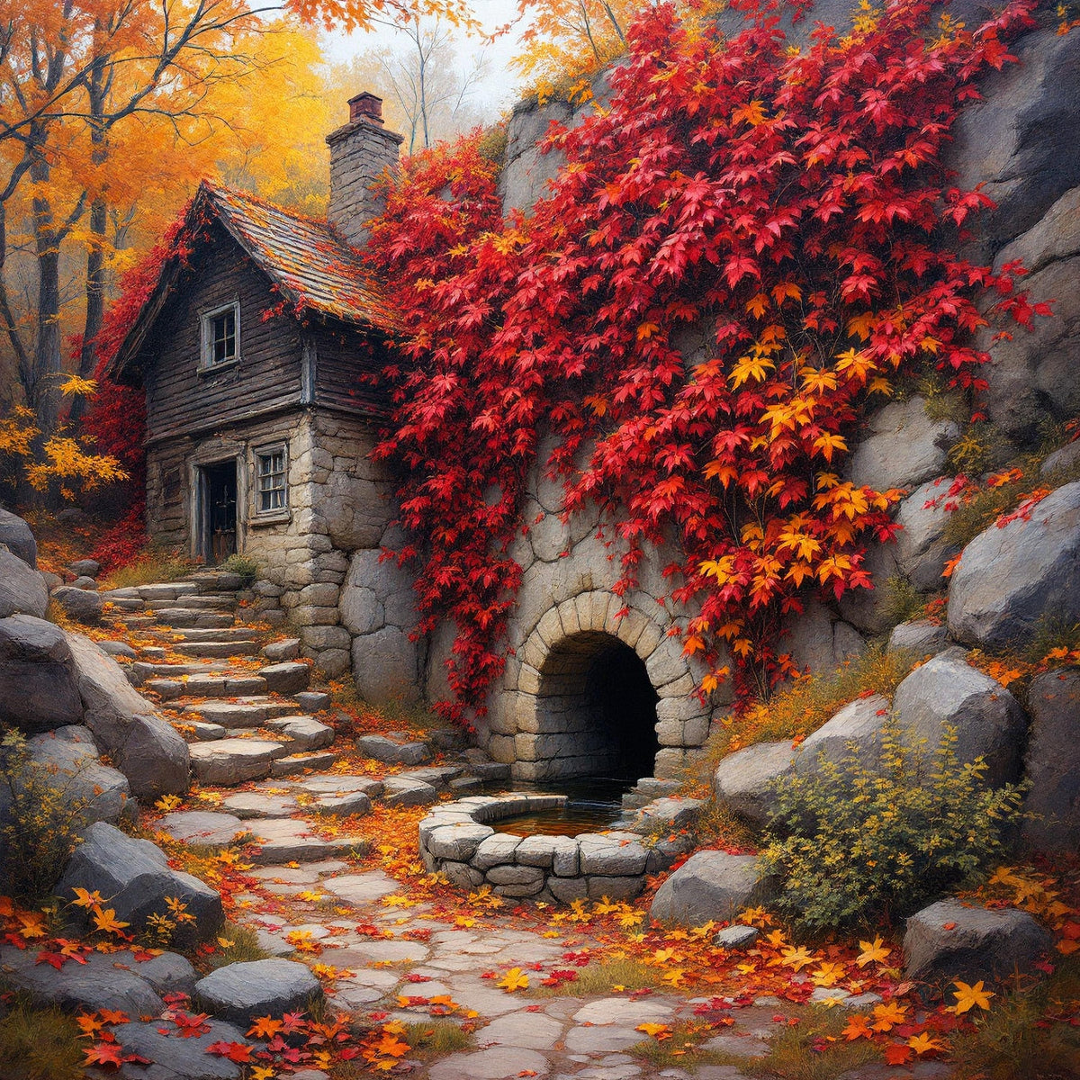 Autumn Cottage Art Print: Rustic Stone Spring, Fall Ivy (Digital Download)