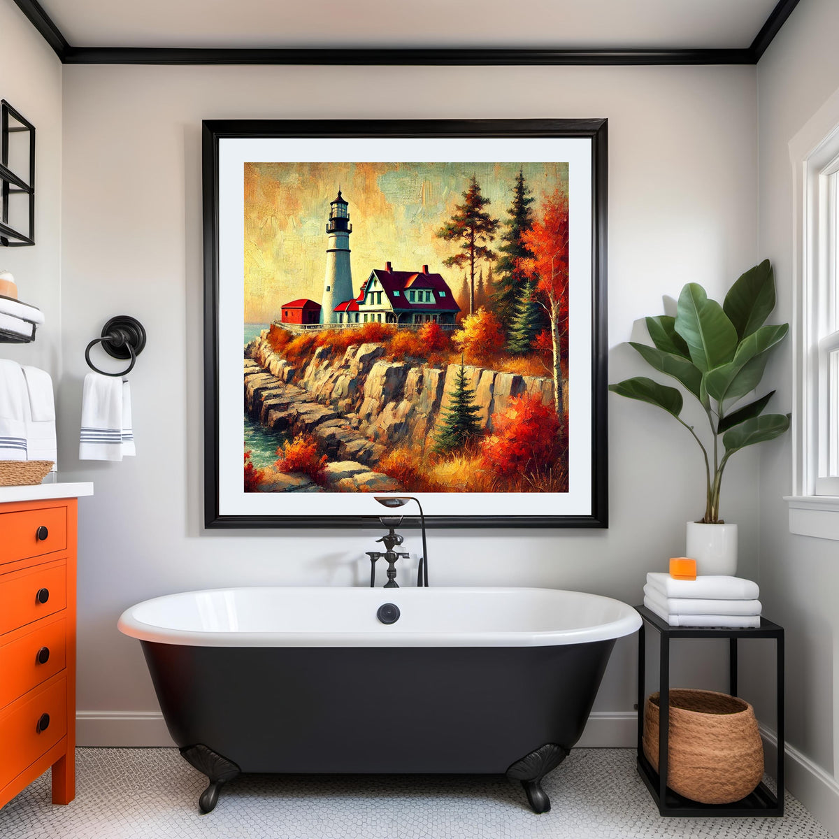 Vintage Autumn Lighthouse Painting: Coastal Fall Decor (Digital Download)