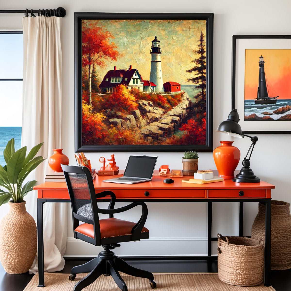 Autumn Lighthouse Art Print: Vintage Coastal Landscape (Digital Download)