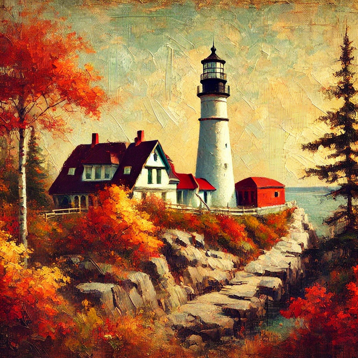 Autumn Lighthouse Art Print: Vintage Coastal Landscape (Digital Download)