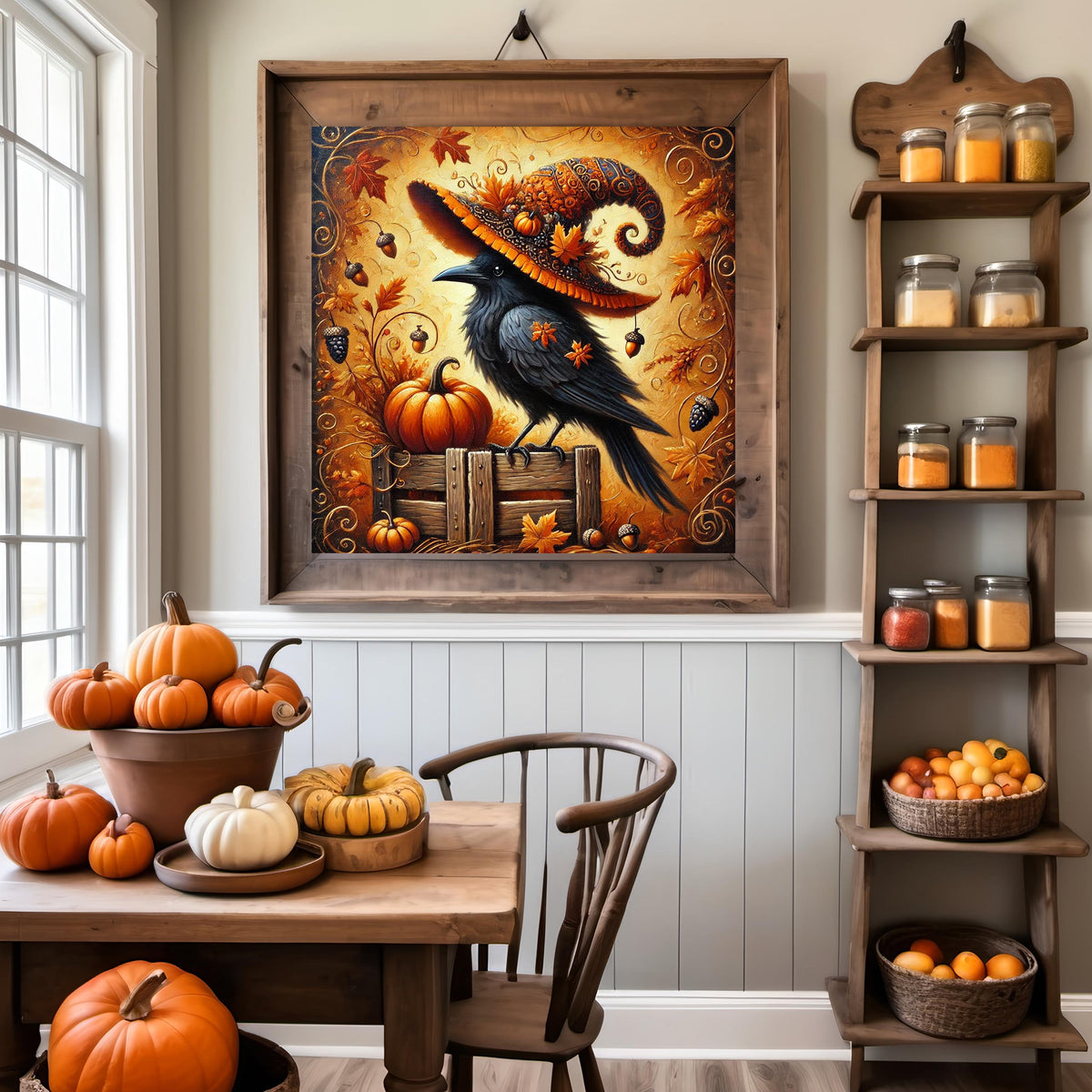 Whimsical Crow Witch Hat Halloween Art: Vintage Autumn Printable (Digital Download)