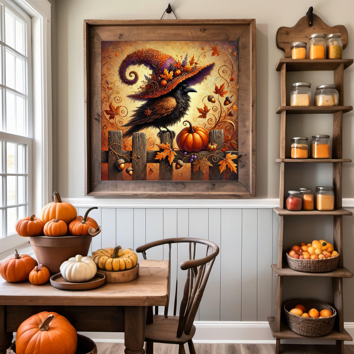 Autumn Raven Print: Whimsical Witch Hat, Halloween Crow Decor (Digital Download)