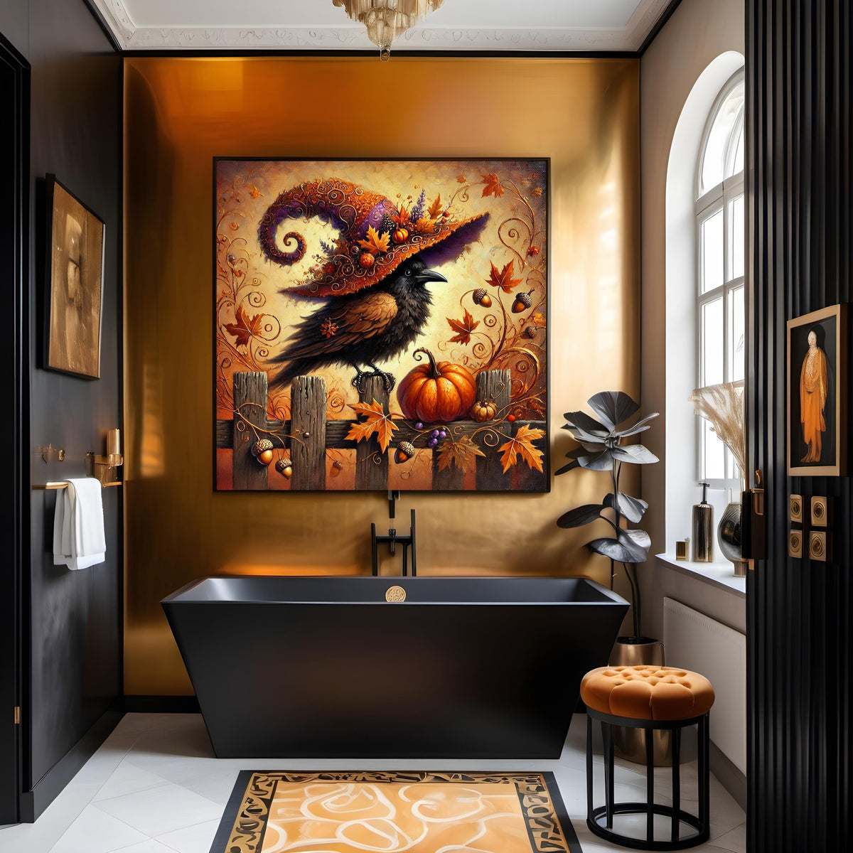 Autumn Raven Print: Whimsical Witch Hat, Halloween Crow Decor (Digital Download)