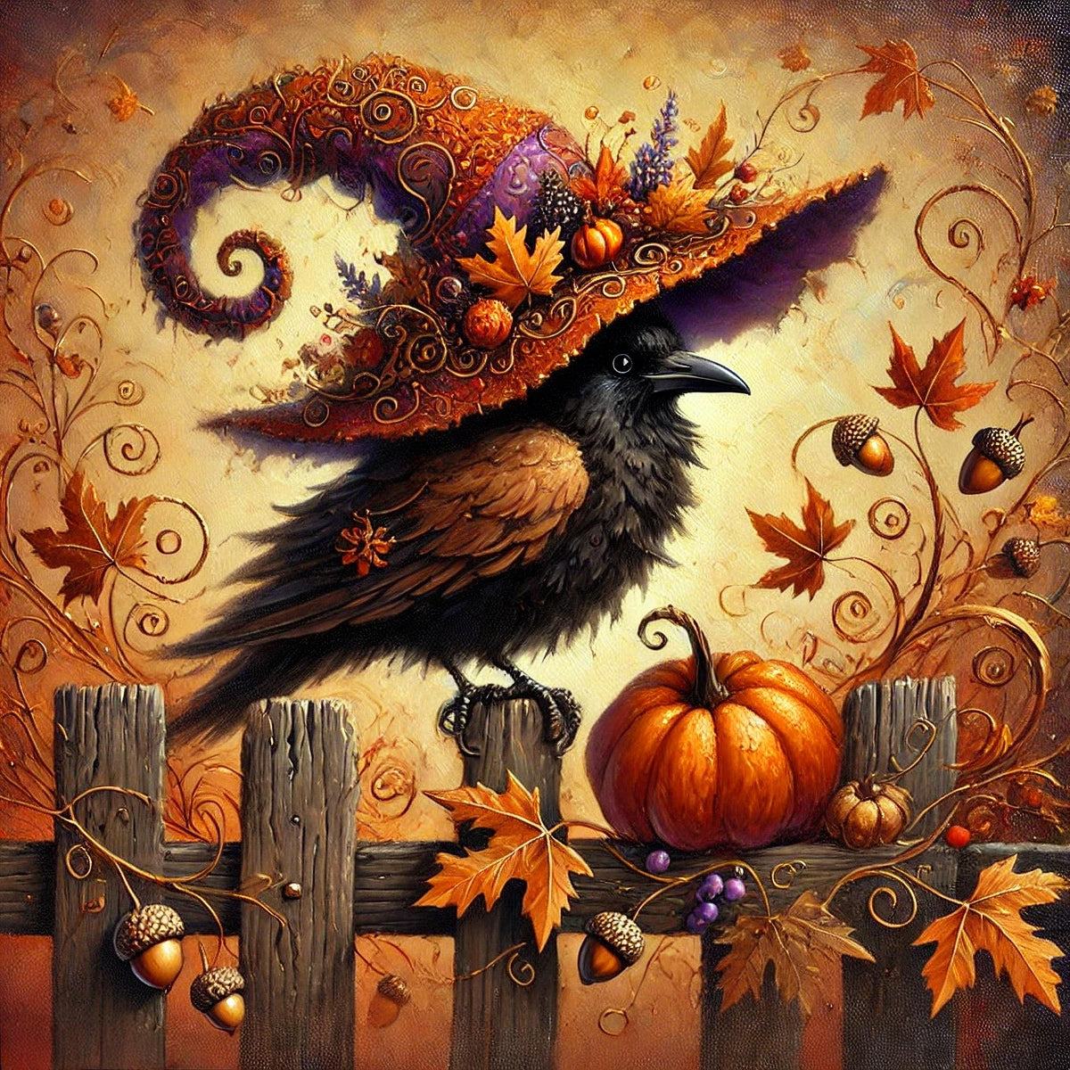 Autumn Raven Print: Whimsical Witch Hat, Halloween Crow Decor (Digital Download)