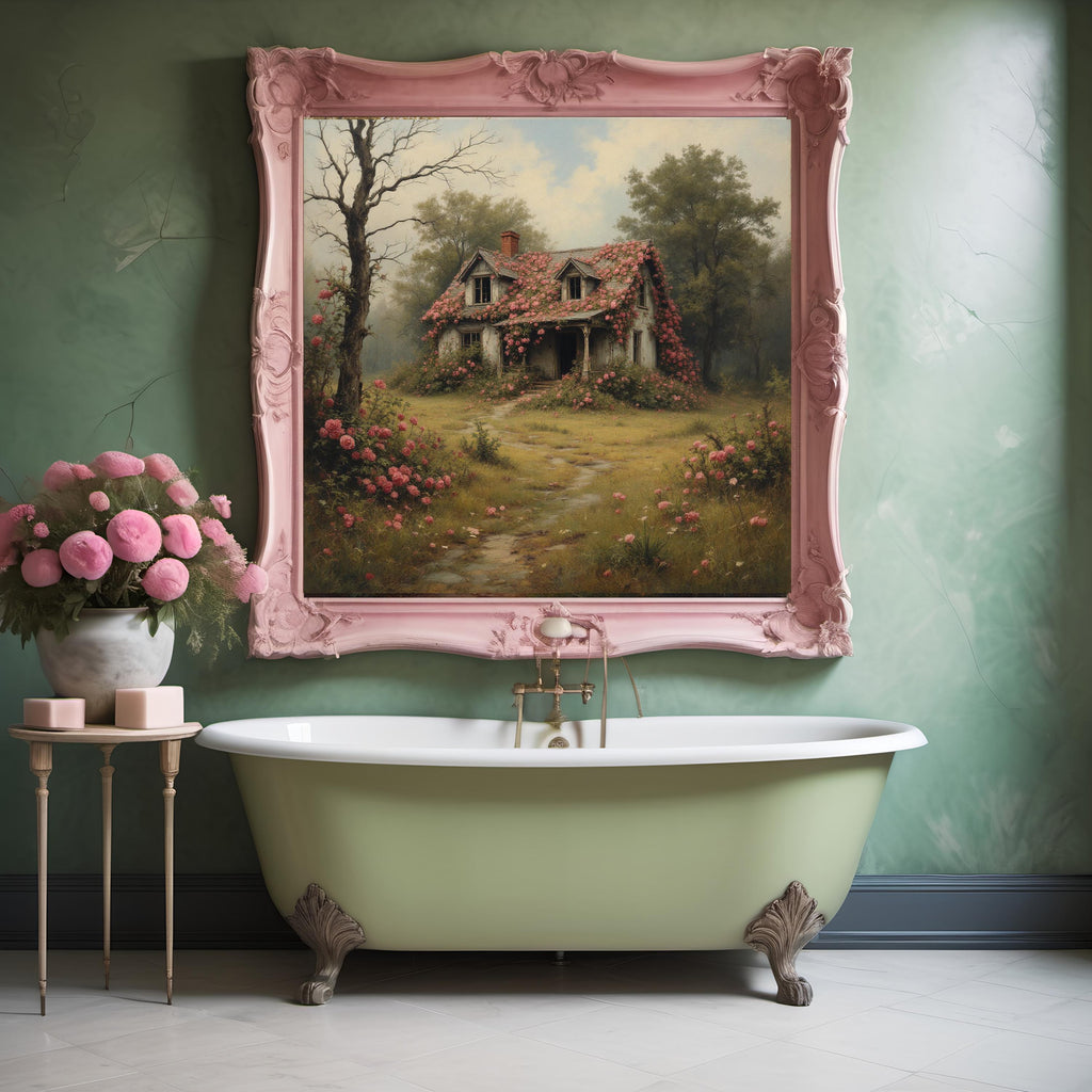 Abandoned Rose Cottage Art Print: Romantic Overgrown Flower House Painting (Digital Download)
