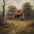 Abandoned Rose Cottage Art Print: Romantic Overgrown Flower House Painting (Digital Download)