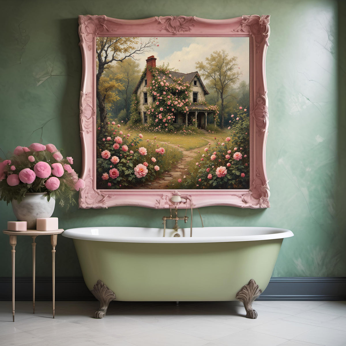 Rose Garden Cottage Art Print: Romantic Overgrown Flower House Painting (Digital Download)