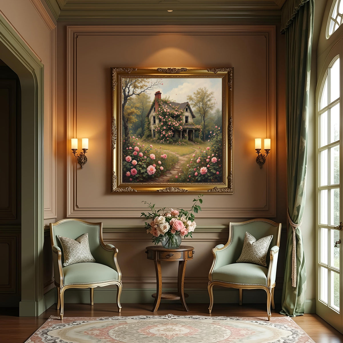 Rose Garden Cottage Art Print: Romantic Overgrown Flower House Painting (Digital Download)