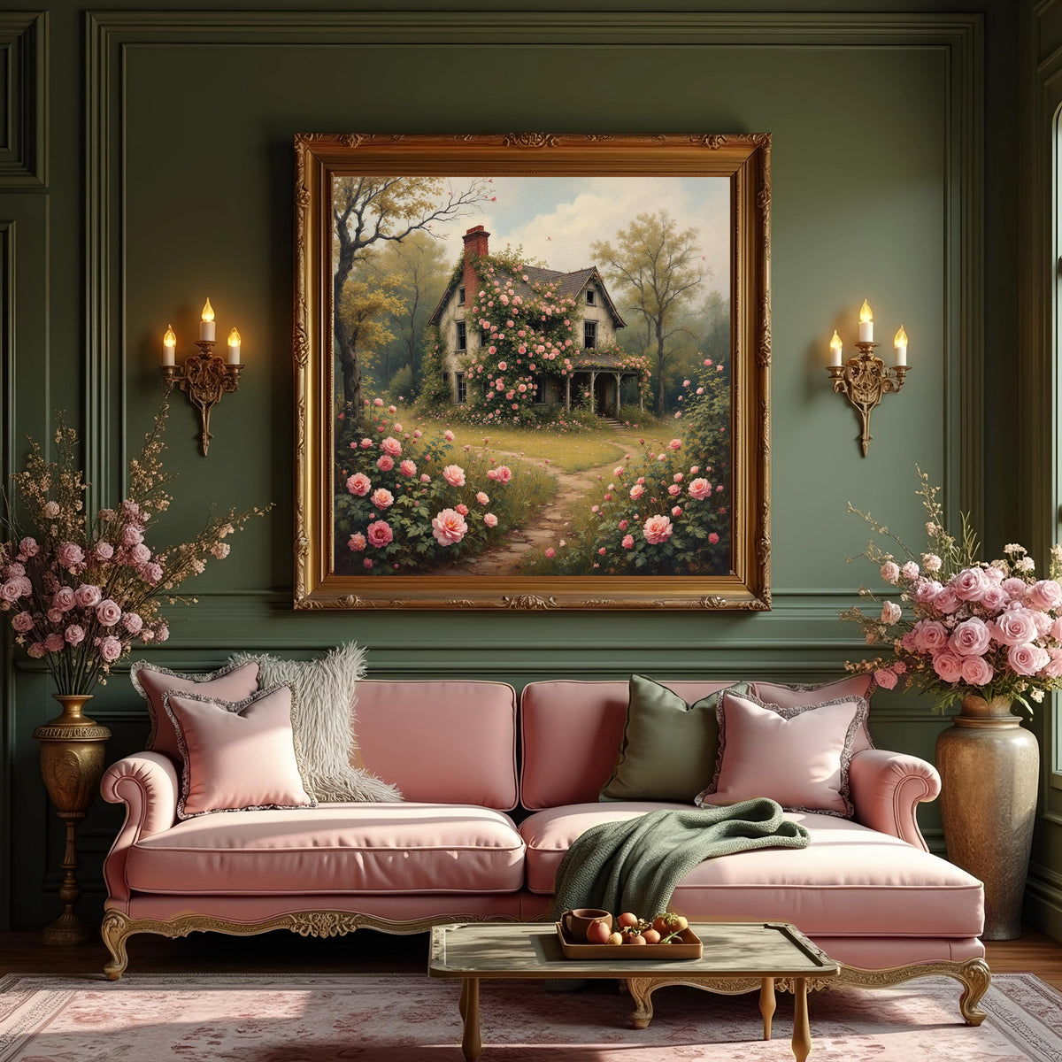 Rose Garden Cottage Art Print: Romantic Overgrown Flower House Painting (Digital Download)