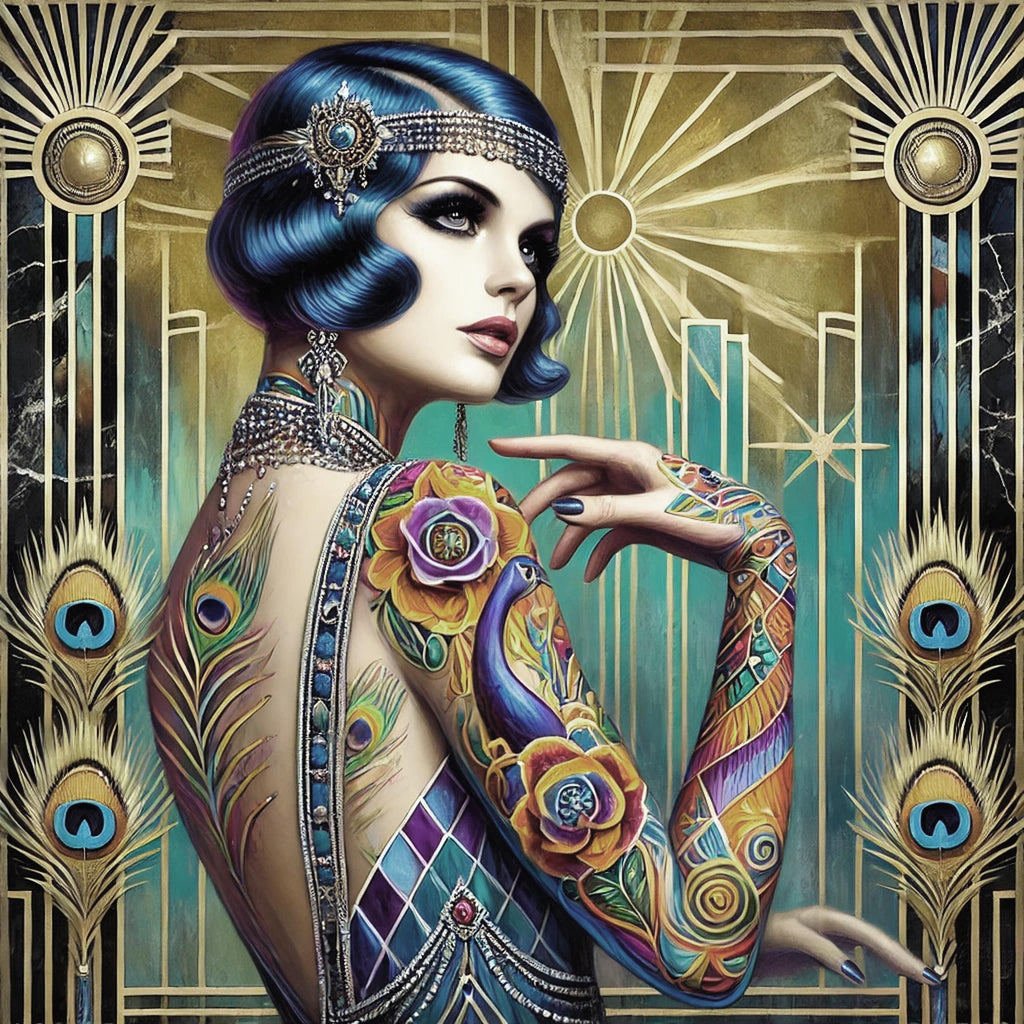 Tattooed Flapper Art Deco Portrait: 1920s Glamour Woman (Printable Download)