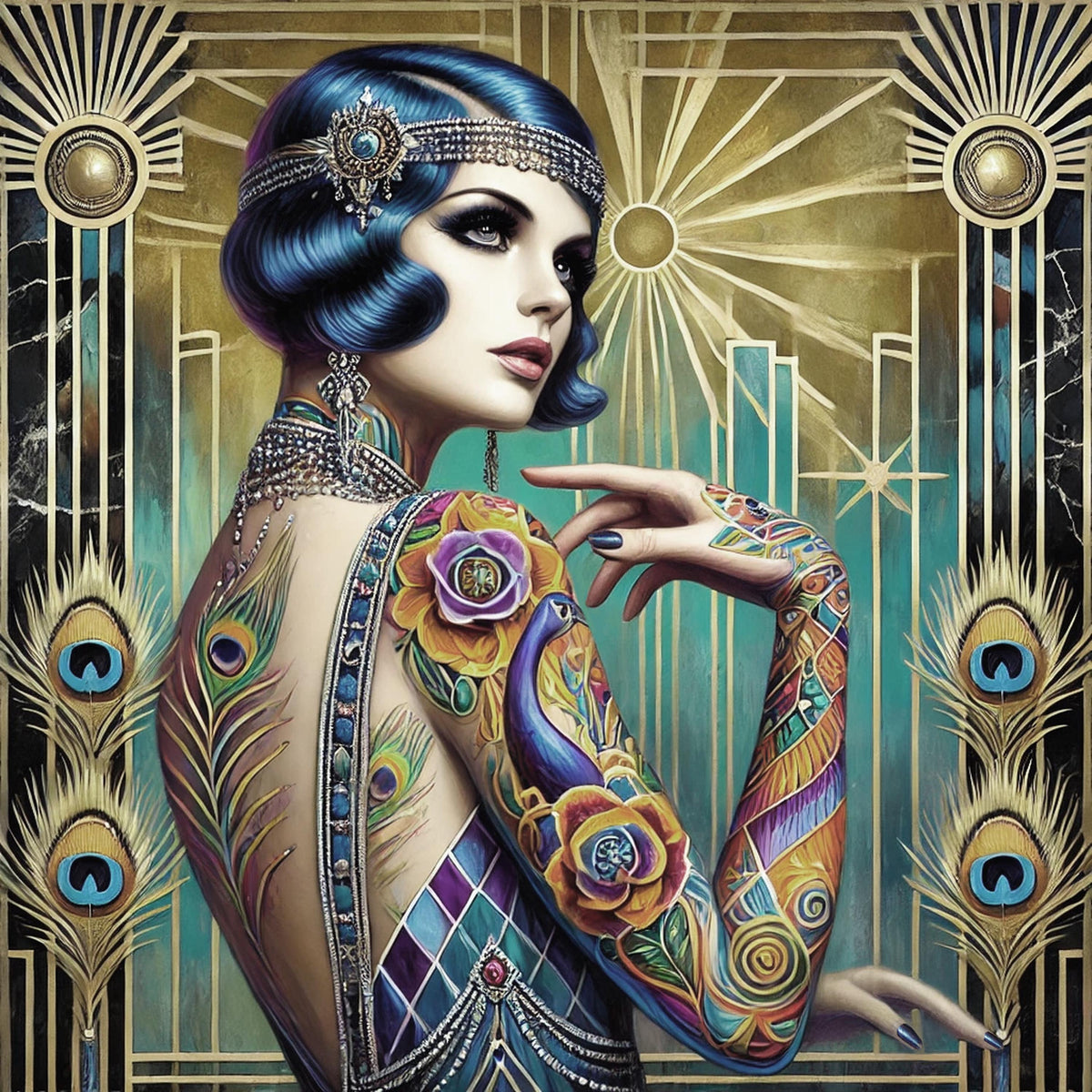 Tattooed Flapper Art Deco Portrait: 1920s Glamour Woman (Printable Download)