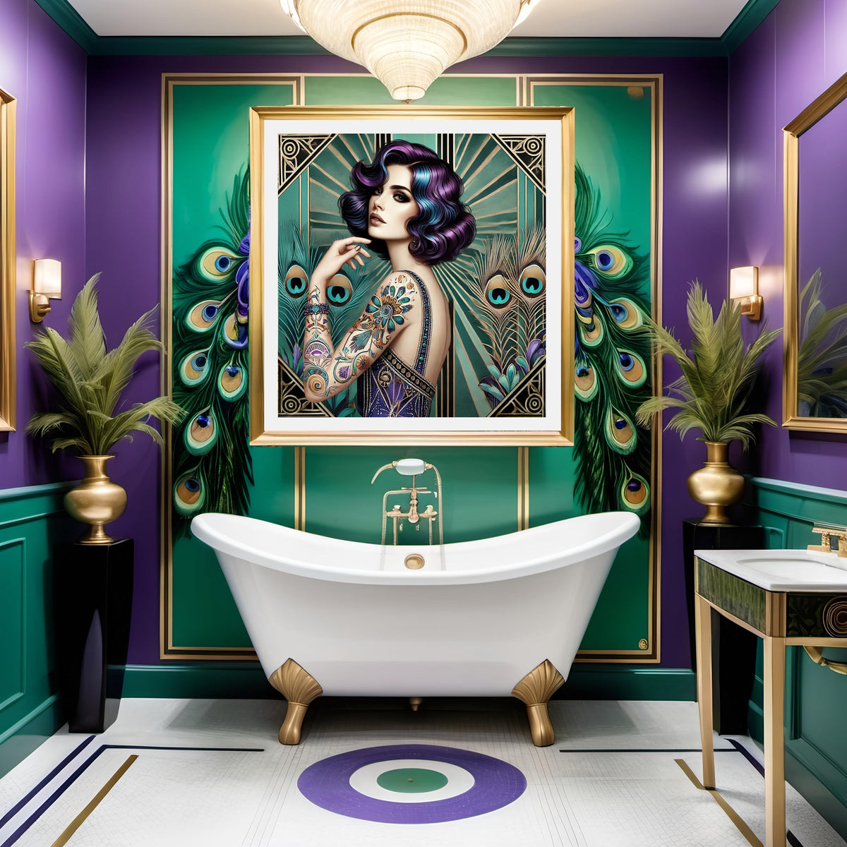 Art Deco Peacock Muse Print: Glamorous Tattooed Woman Portrait (Digital Download)