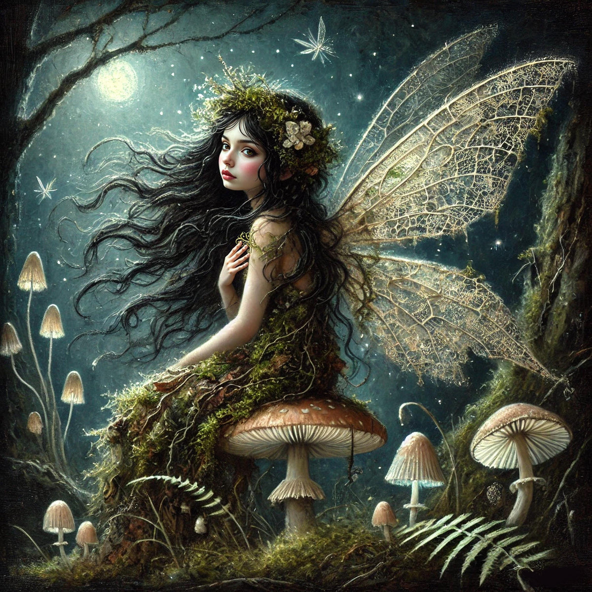 Midnight Woodland Fairy Print: Enchanted Forest Spirit with Moonlit Wings (Digital Download)