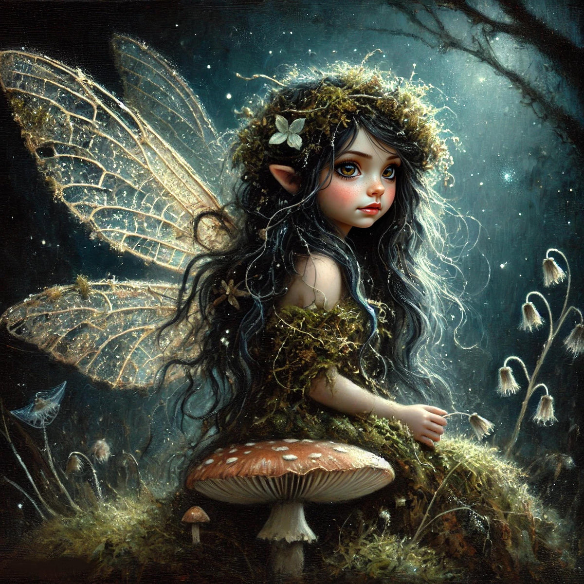 Moonlit Forest Fairy Print: Enchanted Woodland Spirit on Mushroom Throne (Digital Download)