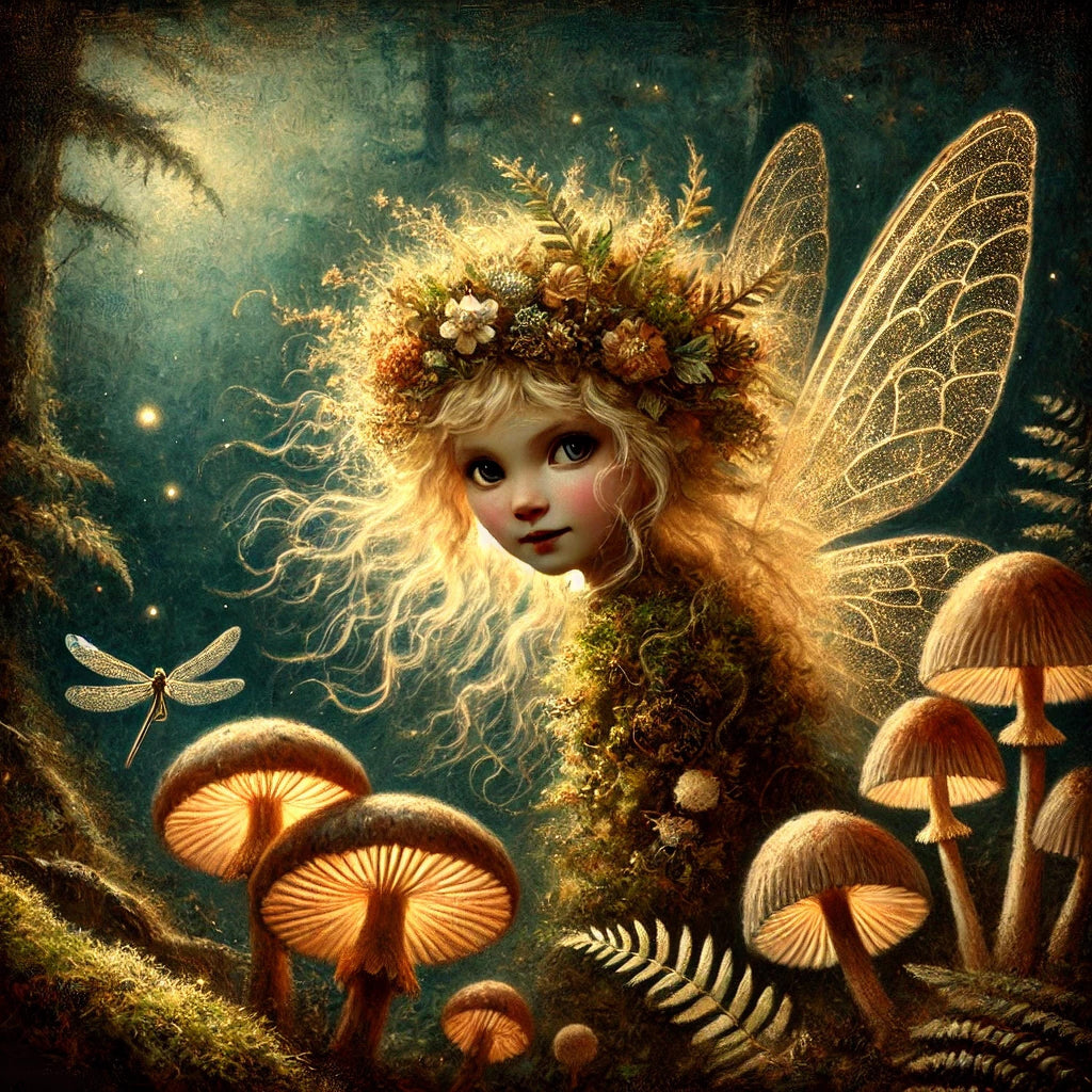 Wild Woodland Fairy: Golden Mushroom Forest Art (Digital Download)