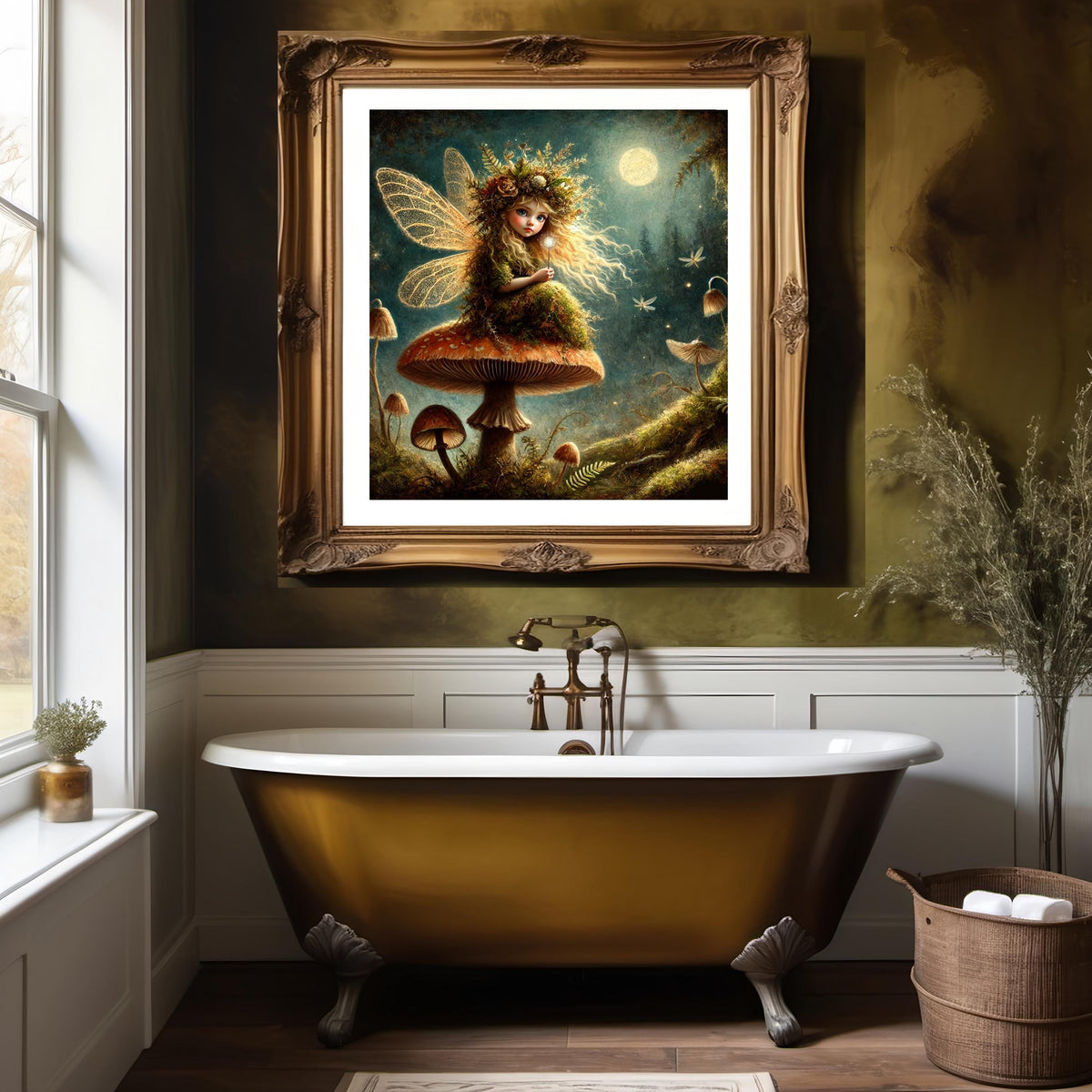 Moonlight Mushroom Fairy Print: Enchanted Woodland Sprite in Golden Glow (Digital Download)
