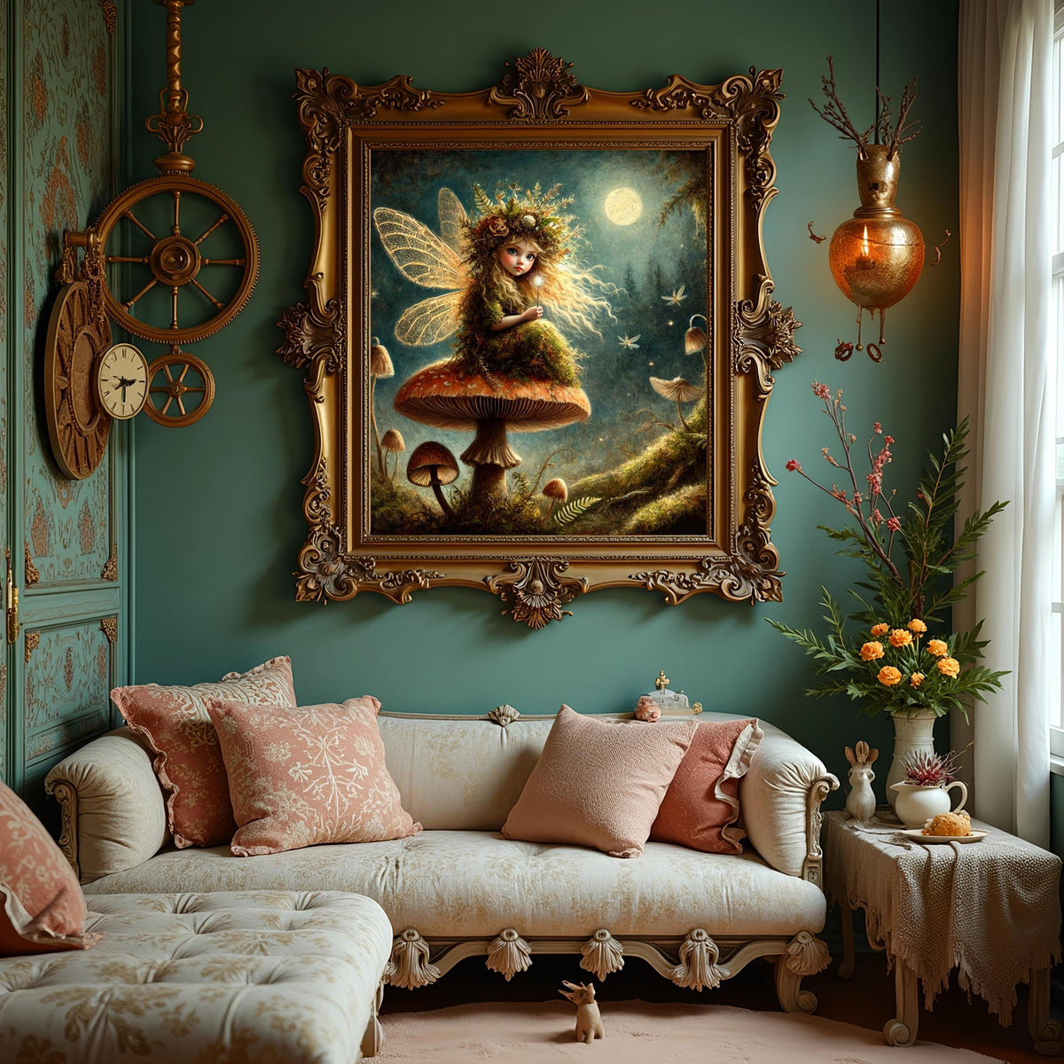 Moonlight Mushroom Fairy Print: Enchanted Woodland Sprite in Golden Glow (Digital Download)