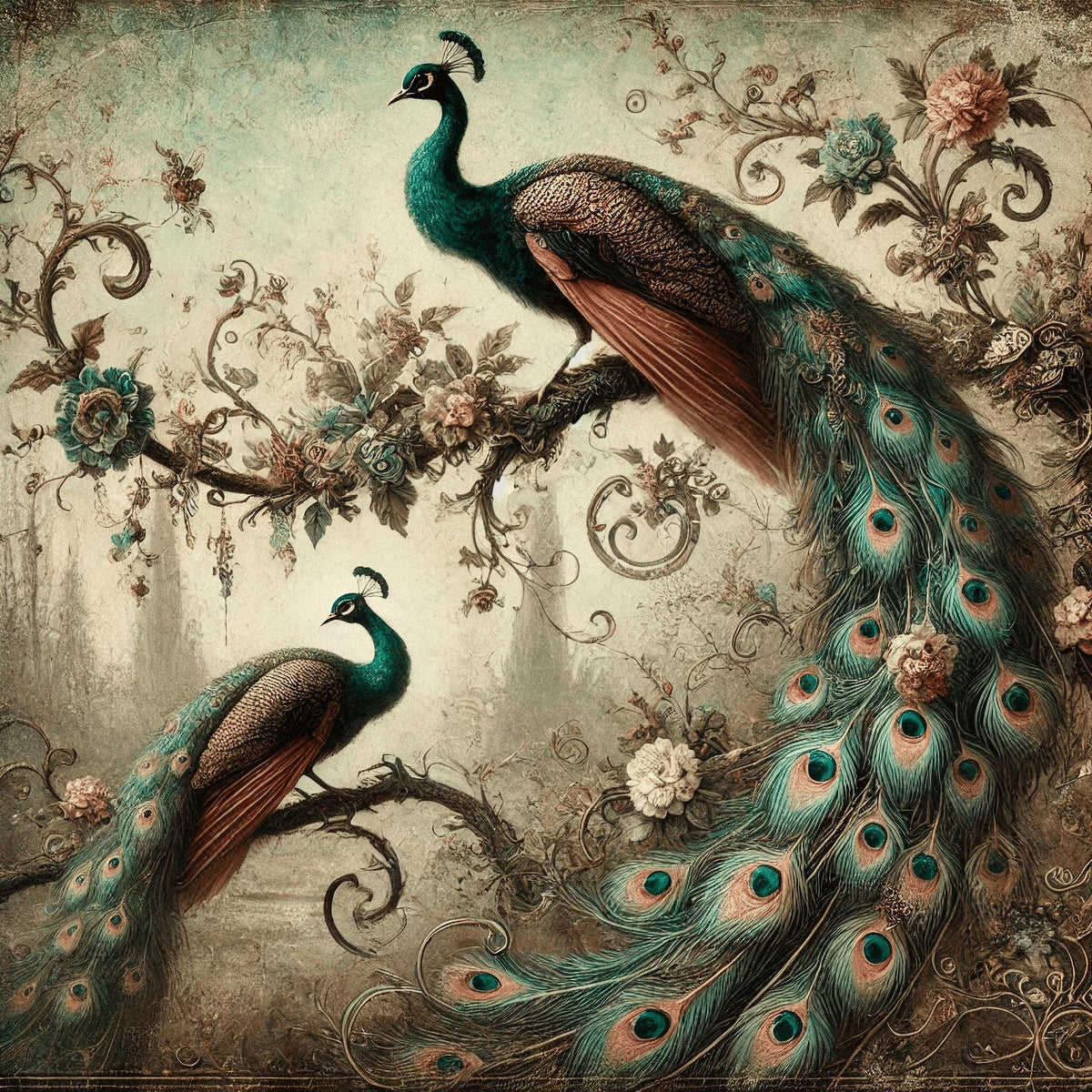 Romantic Peacock Pair: Vintage Floral Bird Art (Digital Download)