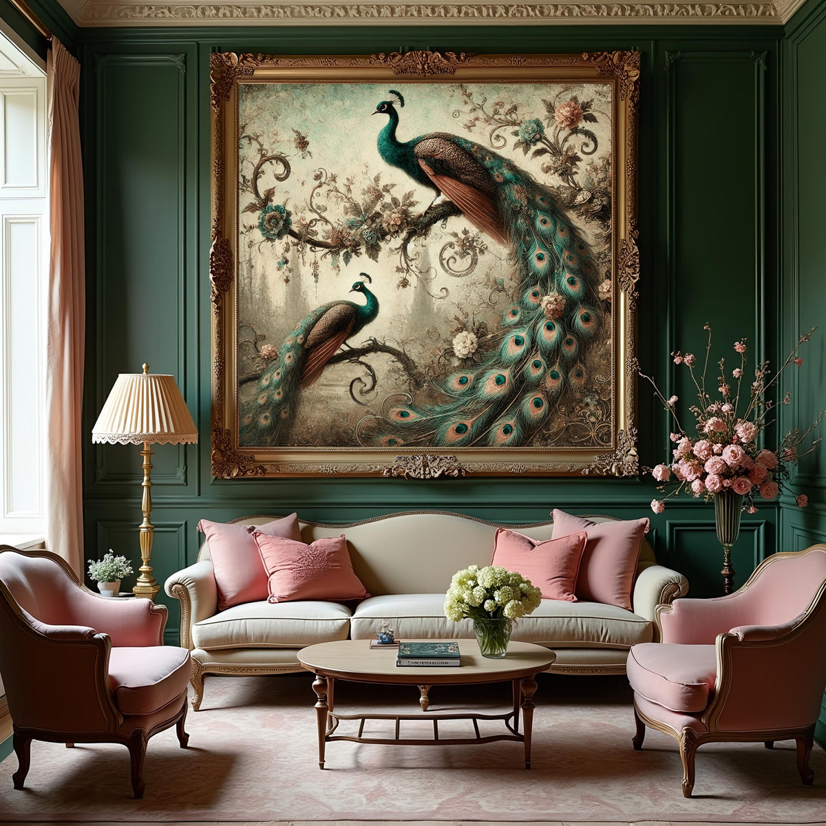 Romantic Peacock Pair: Vintage Floral Bird Art (Digital Download)