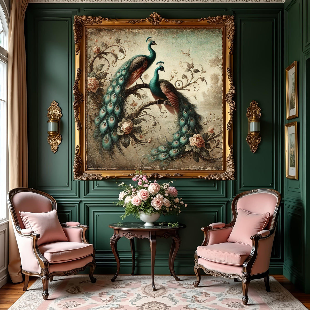 Vintage Peacock Floral Art: Elegant Bird Painting, Cottagecore Decor (Digital Download)