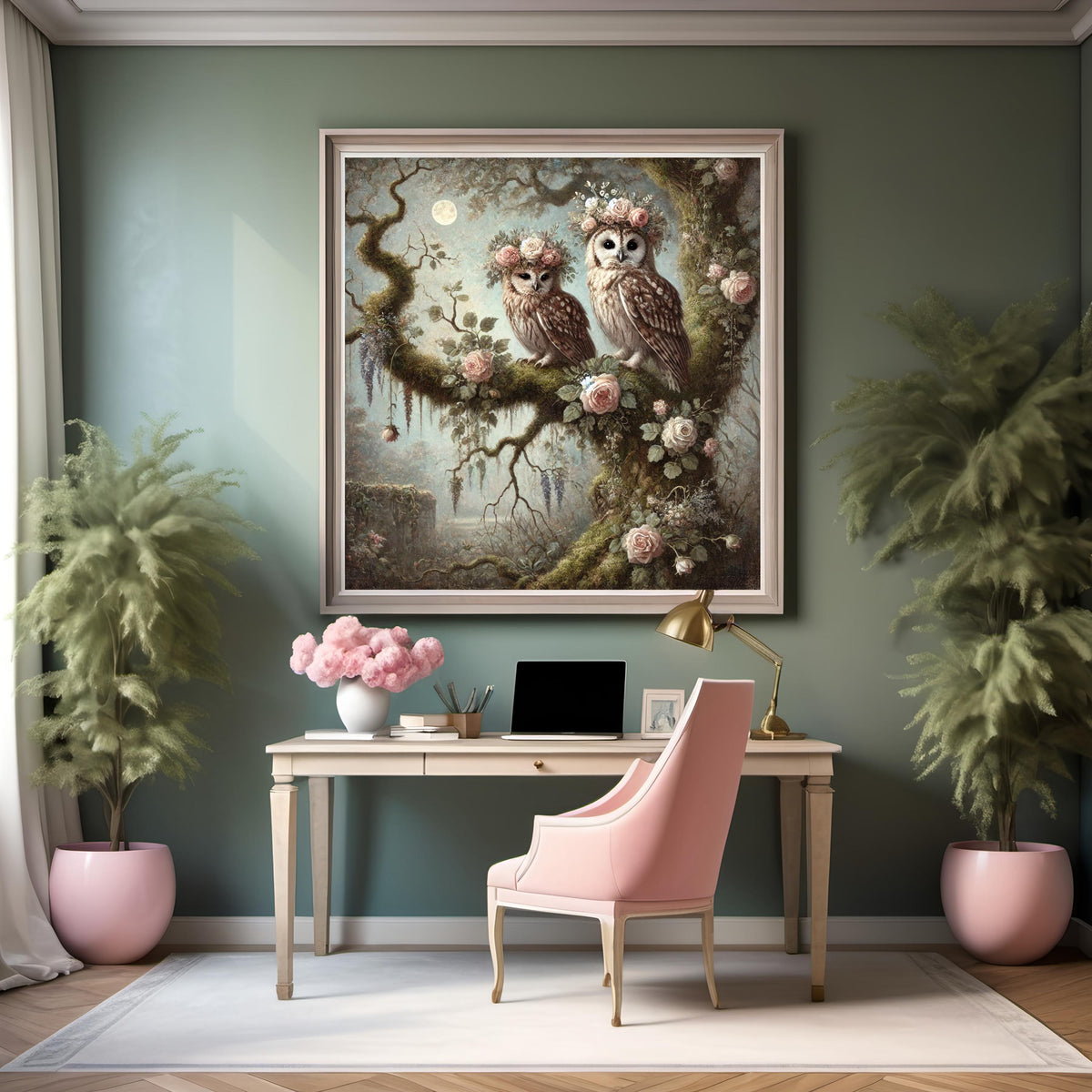 Moonlit Owls Painting: Vintage Floral Bird Art, Cottagecore Decor (Digital Download)