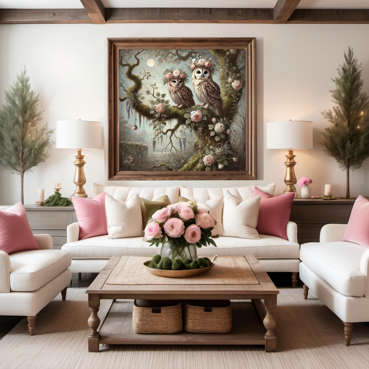 Moonlit Owls Painting: Vintage Floral Bird Art, Cottagecore Decor (Digital Download)