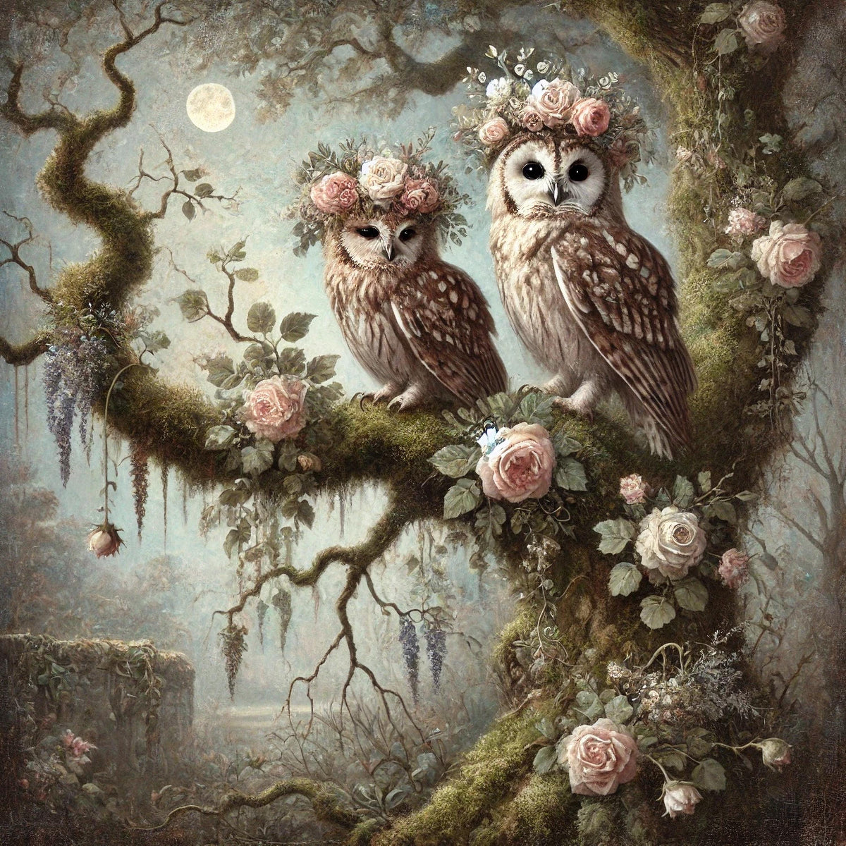 Moonlit Owls Painting: Vintage Floral Bird Art, Cottagecore Decor (Digital Download)