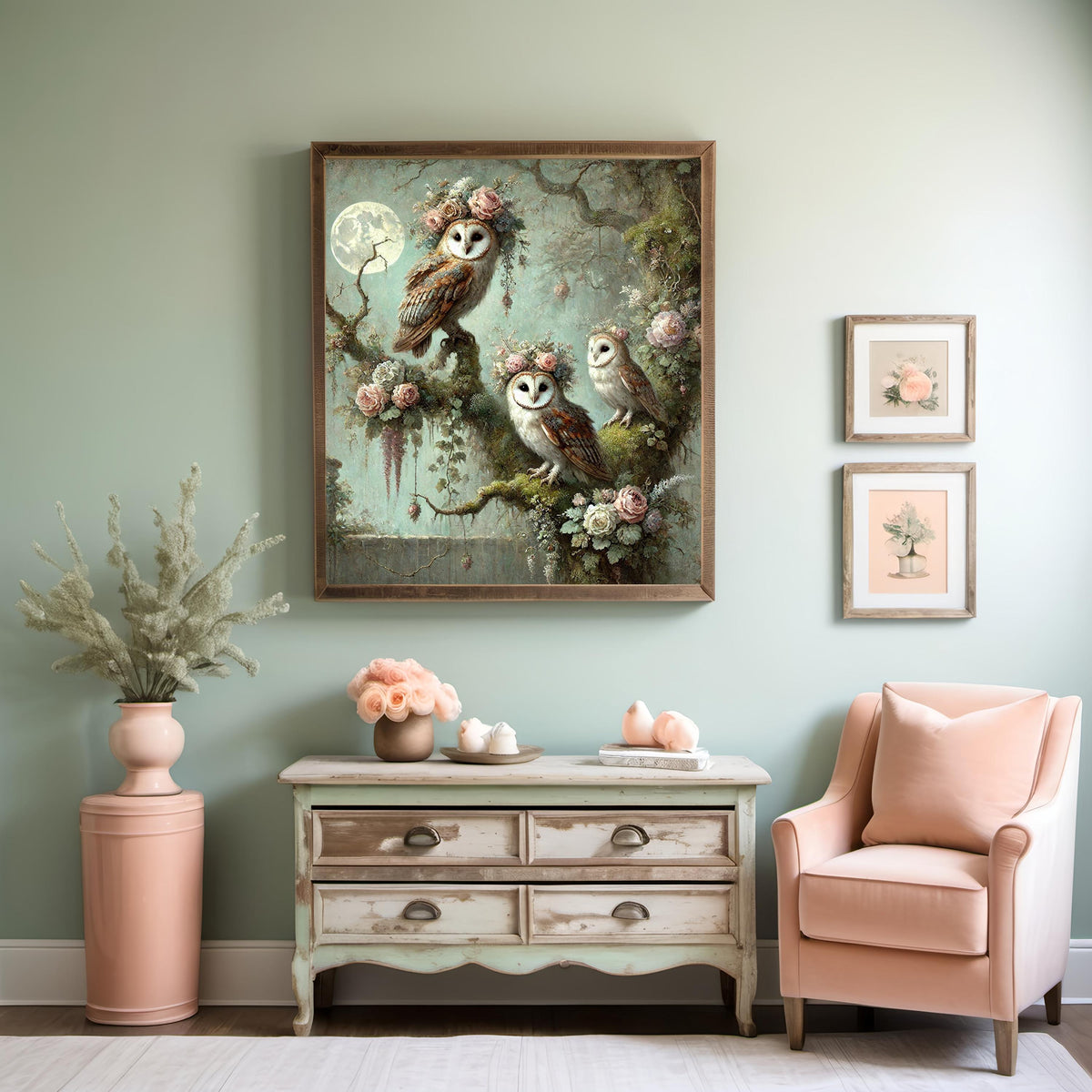 Moonlit Floral Owl Print: Vintage Woodland Art (Digital Download)