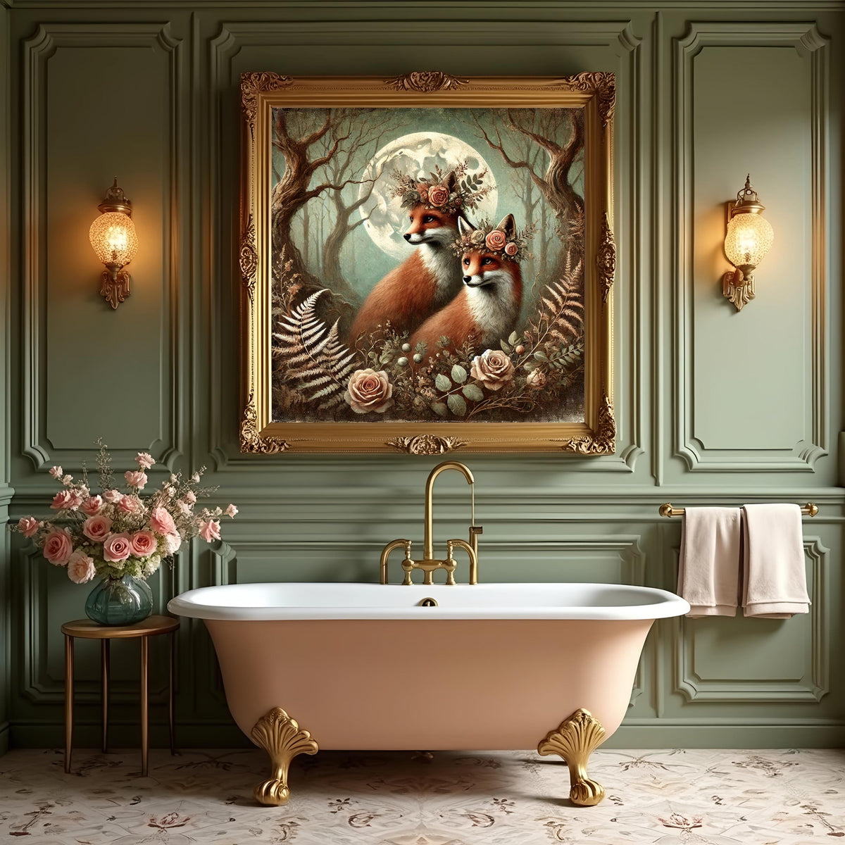 Moonlit Fox Painting: Vintage Woodland Animal Art Print (Digital Download)