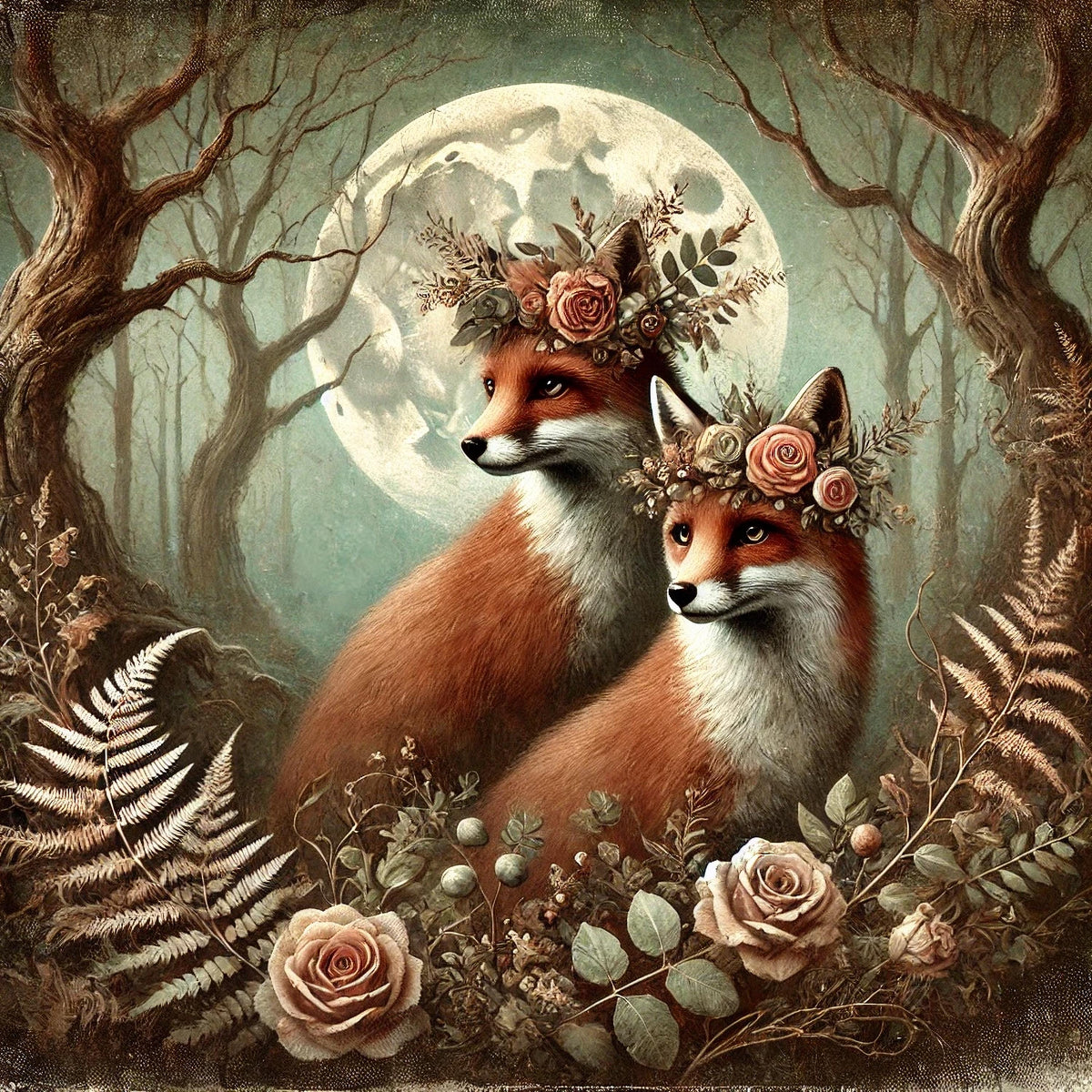 Moonlit Fox Painting: Vintage Woodland Animal Art Print (Digital Download)