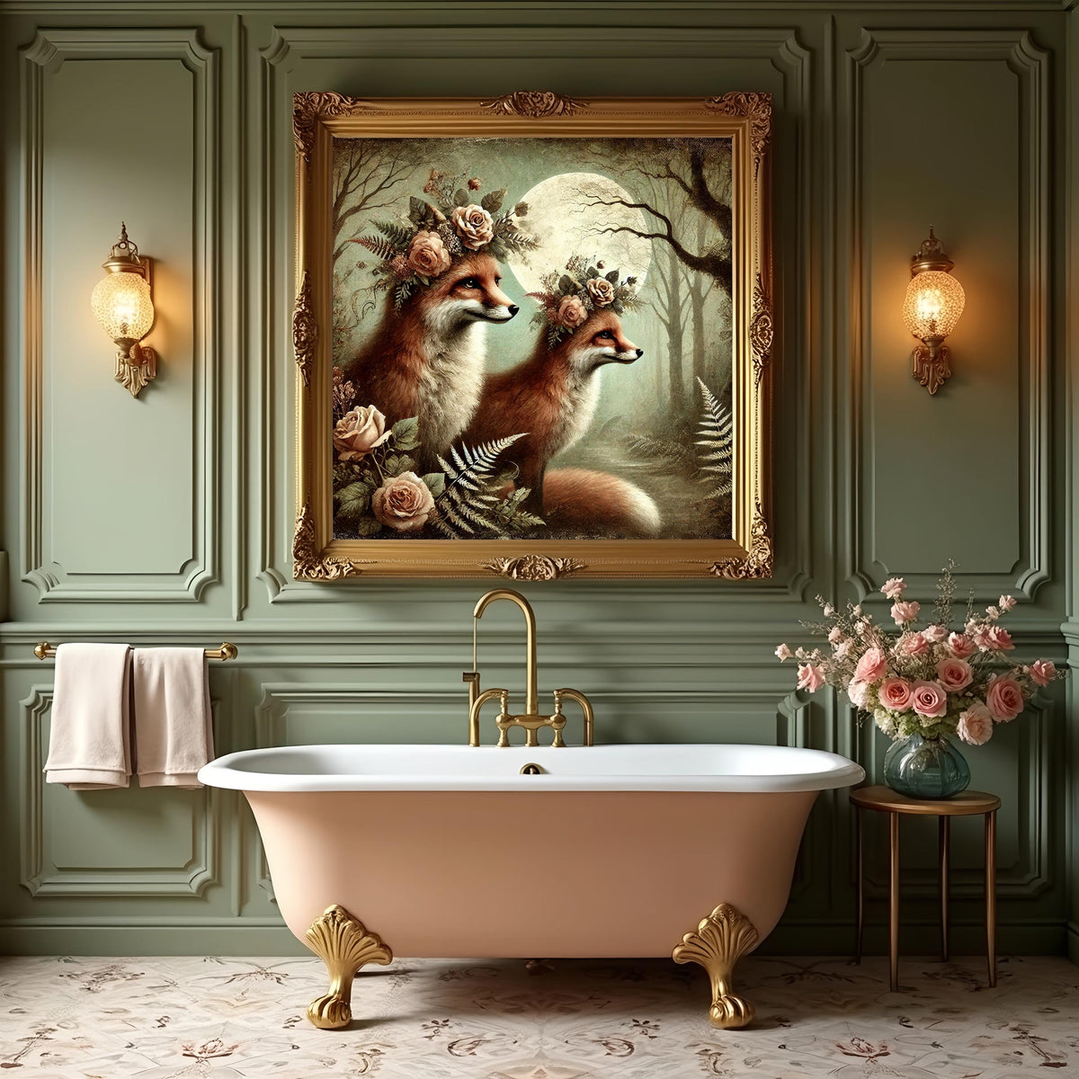 Vintage Fox Painting: Moonlit Woodland Animal Art (Digital Download)