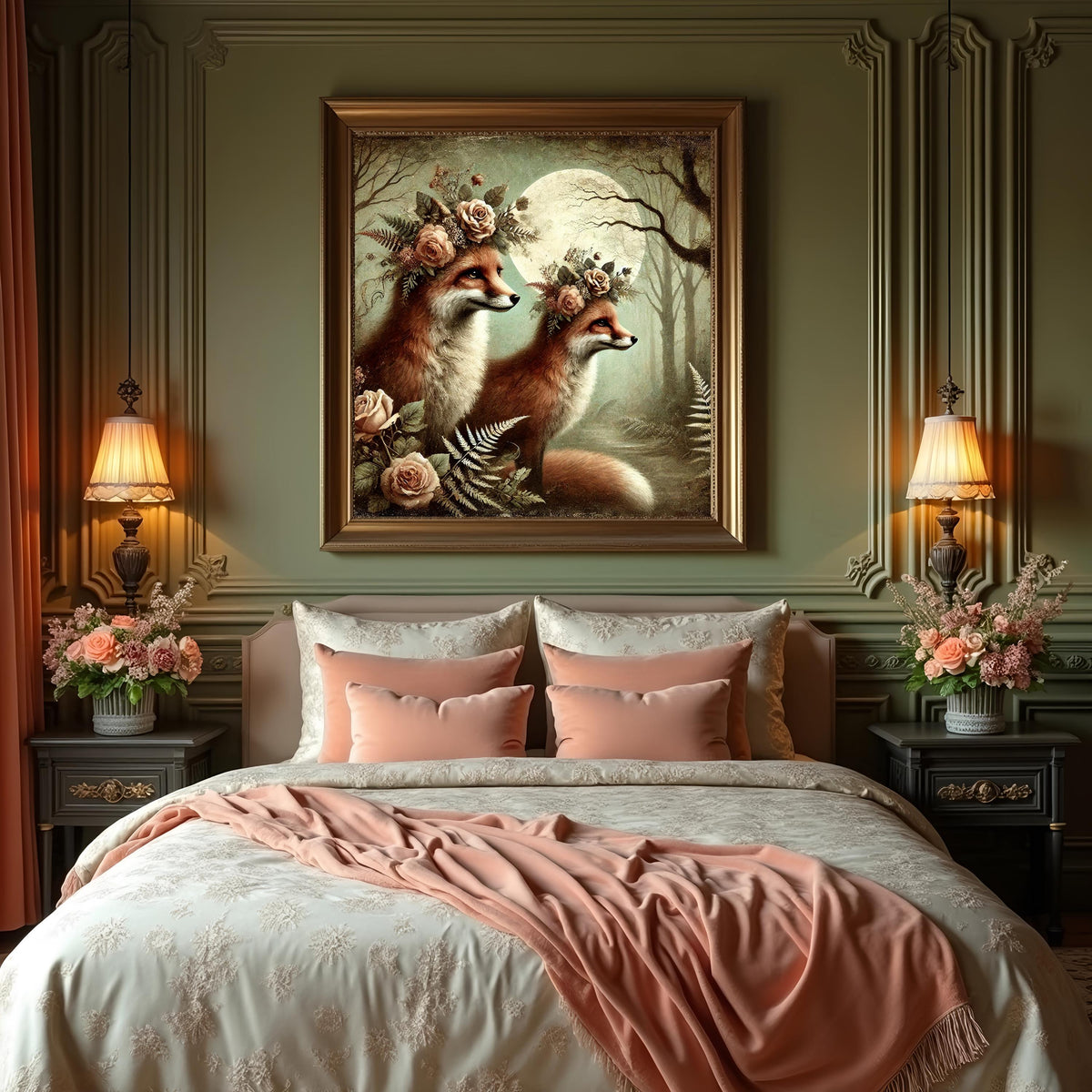 Vintage Fox Painting: Moonlit Woodland Animal Art (Digital Download)