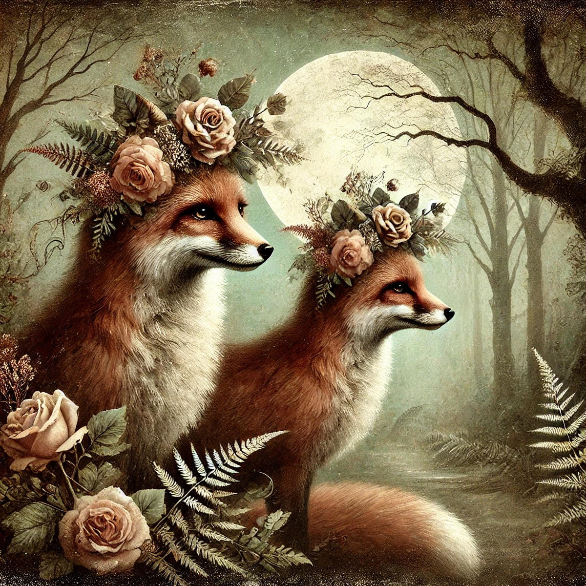 Vintage Fox Painting: Moonlit Woodland Animal Art (Digital Download)