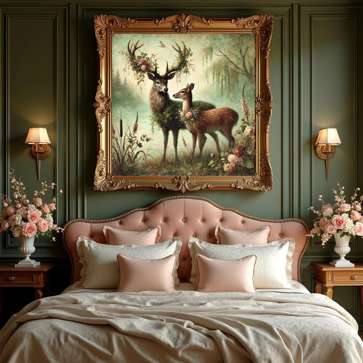Enchanted Deer Couple Painting: Vintage Woodland Art (Digital Download)