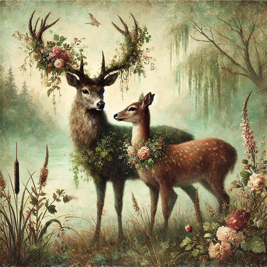 Enchanted Deer Couple Painting: Vintage Woodland Art (Digital Download)