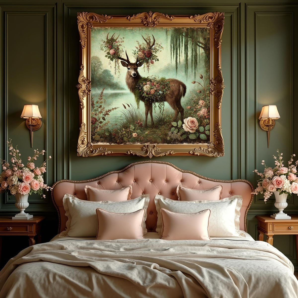 Enchanted Forest Deer Painting: Vintage Woodland Floral Stag Digital Art (Digital Download)