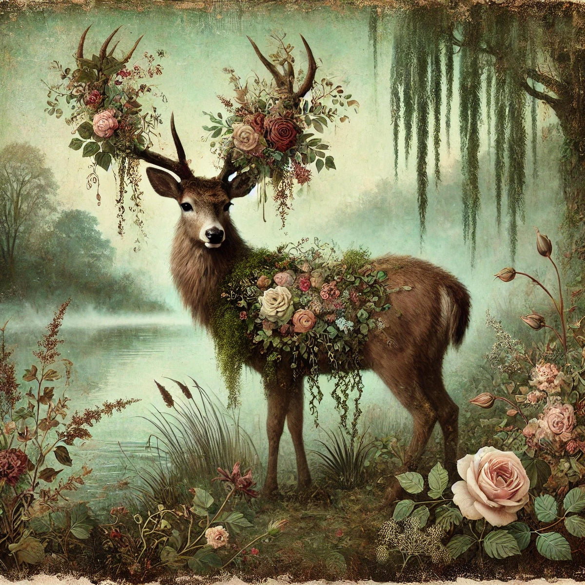 Enchanted Forest Deer Painting: Vintage Woodland Floral Stag Digital Art (Digital Download)