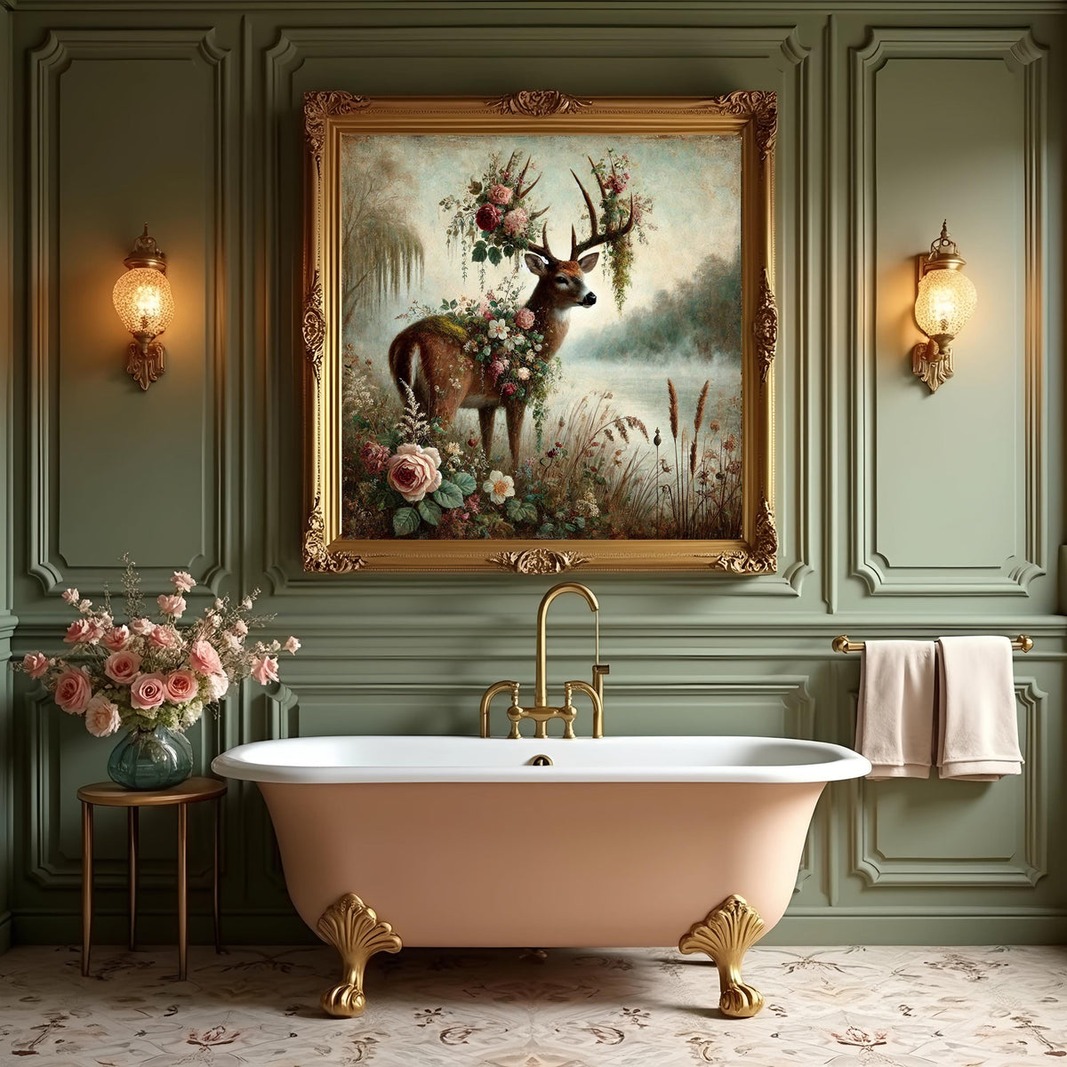 Floral Woodland Deer Painting: Enchanted Vintage Forest Stag Digital Art (Digital Download)