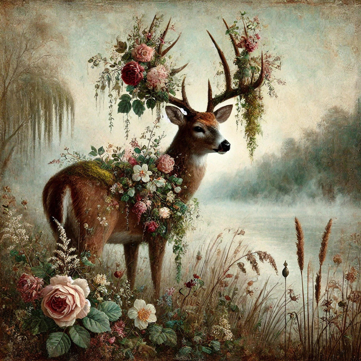 Floral Woodland Deer Painting: Enchanted Vintage Forest Stag Digital Art (Digital Download)