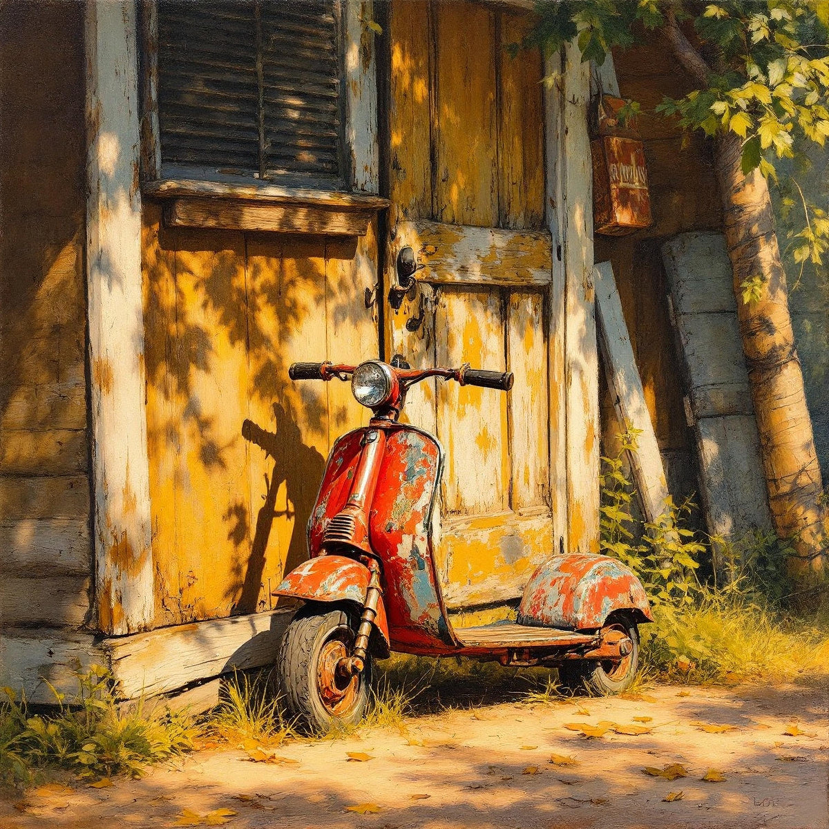 Vintage Red Scooter Art Print: Rustic Autumn Nostalgia Painting (Digital Download)