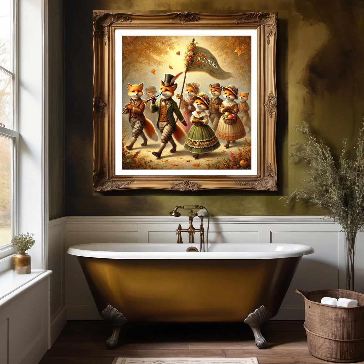 Autumn Fox Parade Vintage Oil Painting (Digital Download)