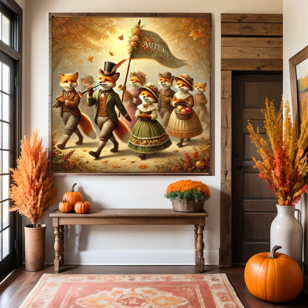 Autumn Fox Parade Vintage Oil Painting (Digital Download)